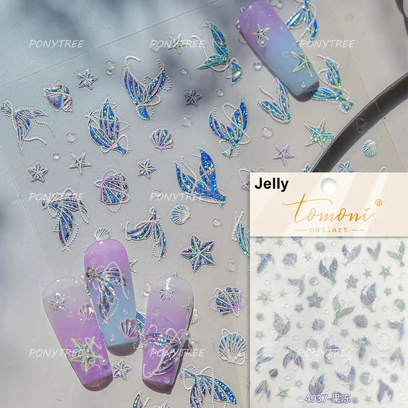 Jellyfish Schools of Fish Shoal Mermaid Tail Seahorse Dreamy Ocean Starfish Shell Coral Adhesive Nail Art Sticker Manicure Decal (ONLINE ORDER ONLY)