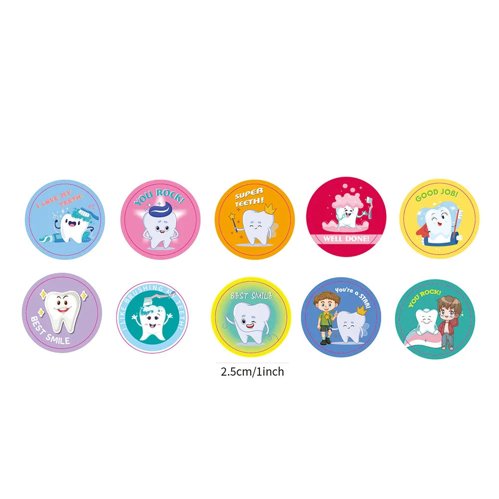 500pcs Cute Cartoon Tooth Stickers Roll Cartoon Graffiti Decal DIY Luggage Laptop Skateboard Bicycle Fridge Stickers Kids Gifts (Online Order Only)