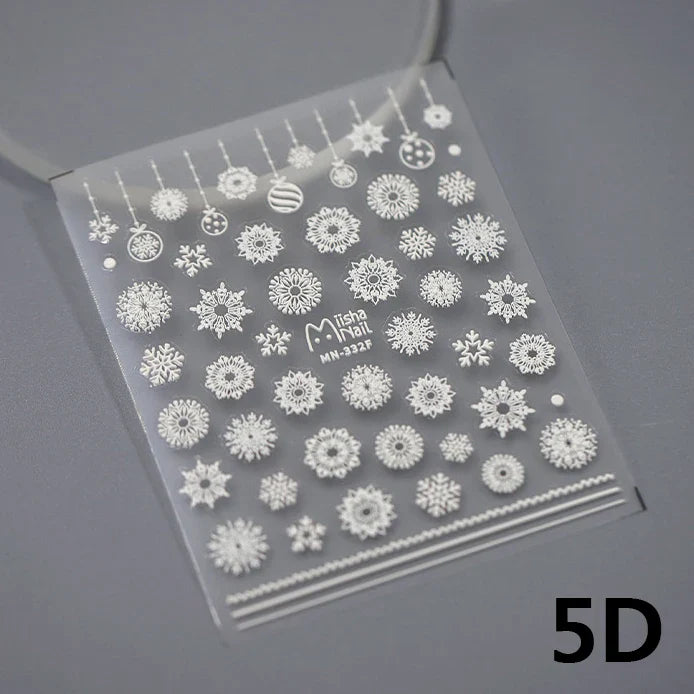 Hot Stamping Romantic White Gold Snowflakes Hexagon Winter 3D Self Adhesive Nail Art Stickers Shiny Rhinestone Manicure Decals (Online Order Only)