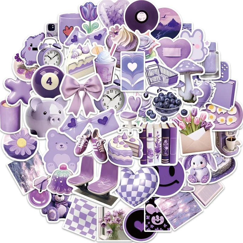 10/30/56PCS Cartoon Purple PVC Sticker Aesthetic Children's Korean Decoration Scrapbooking Stationery School Supplies for Kids (Online Order Only)