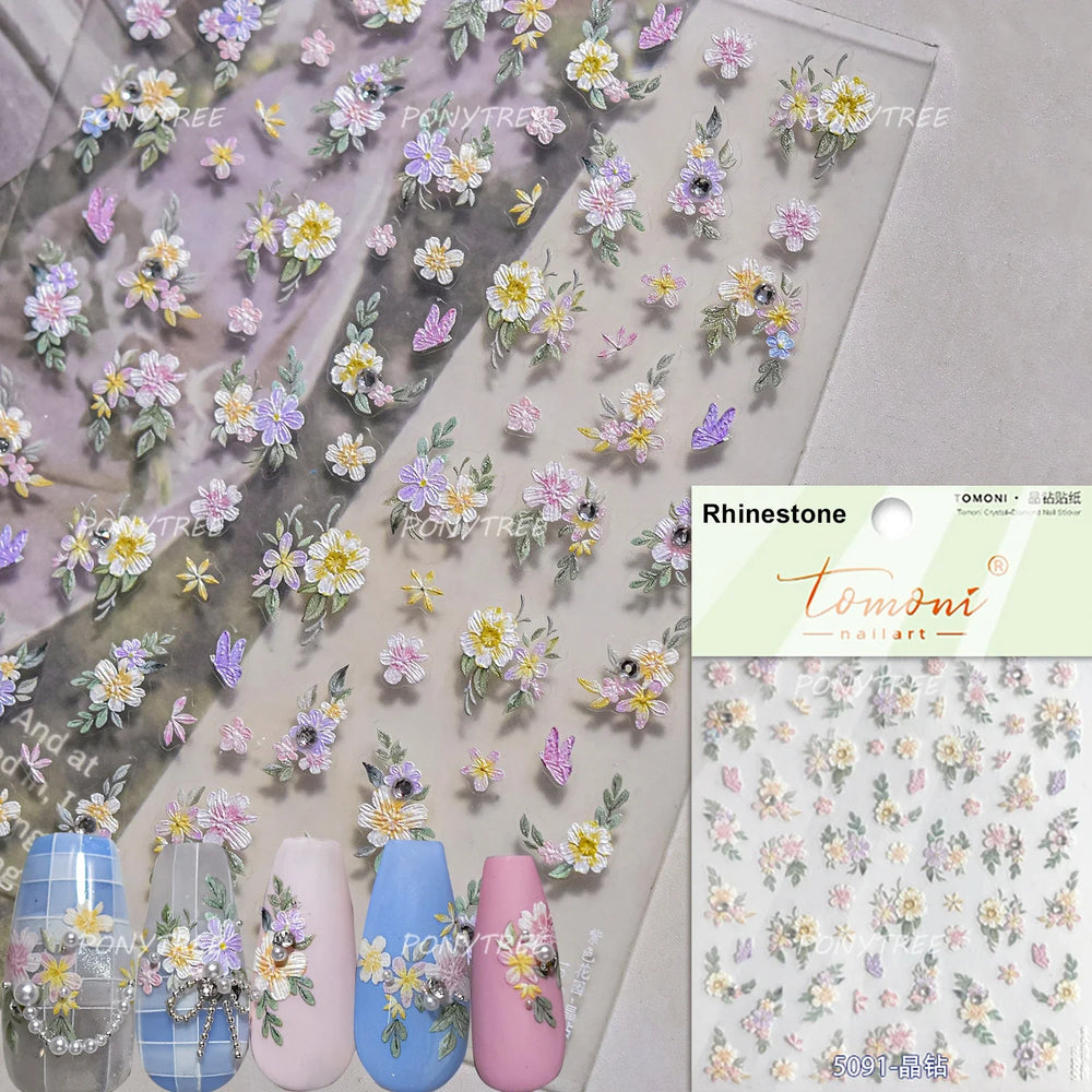 Flower Garden Purple Yellow Pink Daisy Butterfly Delicate 5D Soft Relief Adhesive Nail Art Decoration Sticker 3D Manicure Decals (ONLINE ORDER ONLY)