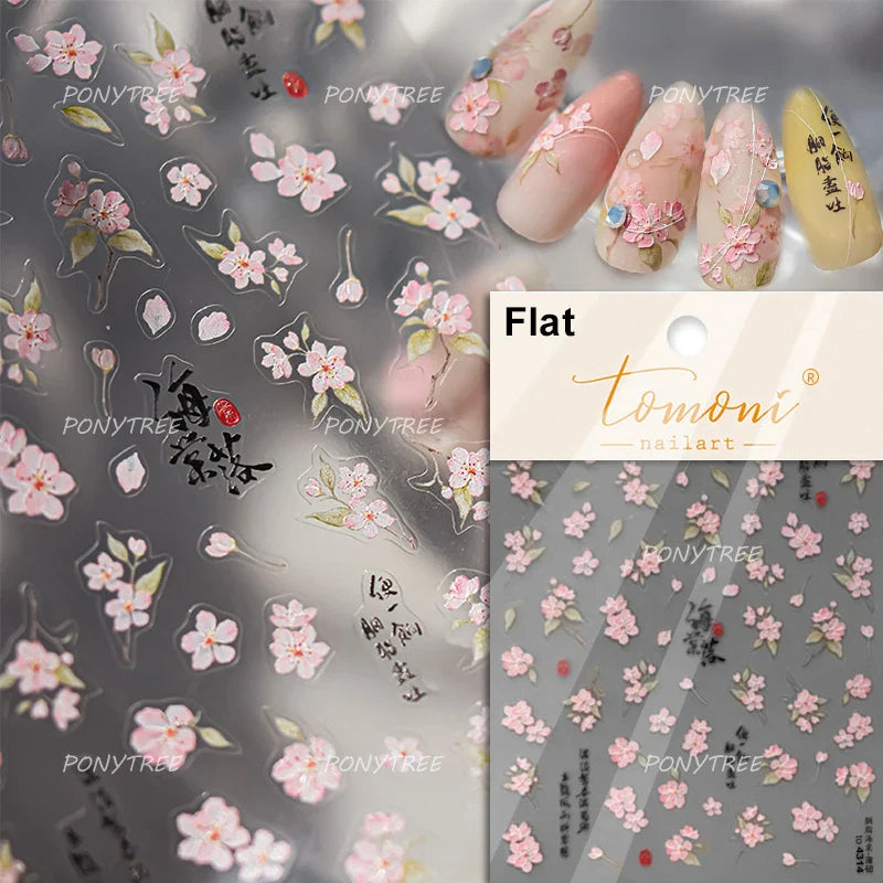 Pink Peach Blossom Flower White Pear Romantic Archaistic Swallow Window Adhesive Nail Art Stickers Rhinestone Manicure Decals (ONLINE ORDER ONLY)