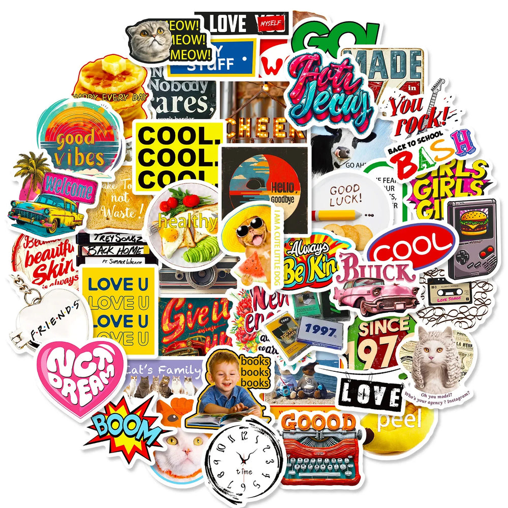 Retro Camera Food Cartoon Stickers for Phone Laptop Luggage Skateboard - Fun Gift for Kids (Online Order Only)