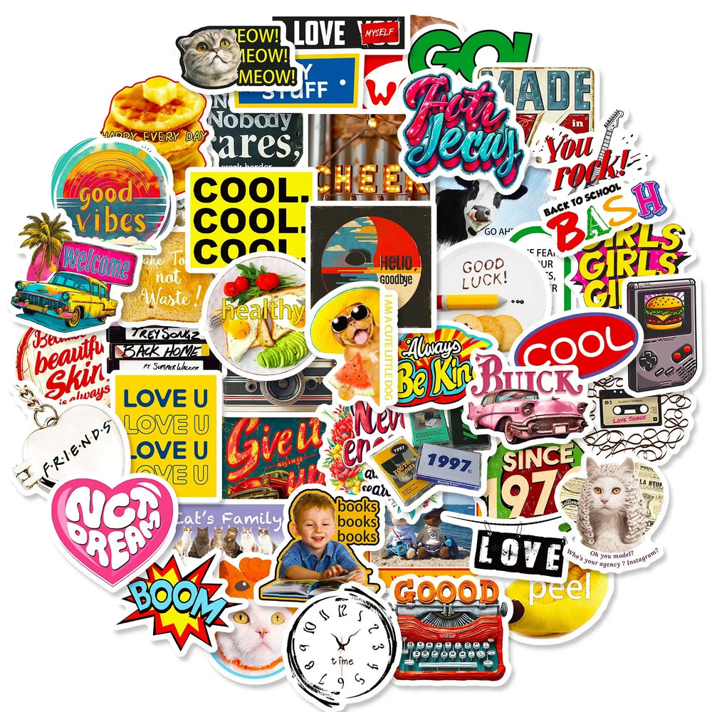 Retro Camera Food Cartoon Stickers for Phone Laptop Luggage Skateboard - Fun Gift for Kids (Online Order Only)