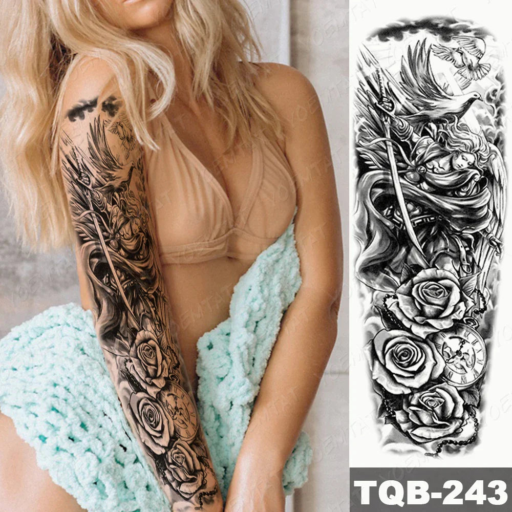 Large Full Arm Sleeve Waterproof Temporary Tattoo Sticker Anubis Egypt Time Eagle Rose Flower Fake Tatoo Body Art Men Women Leg (Online Order Only)