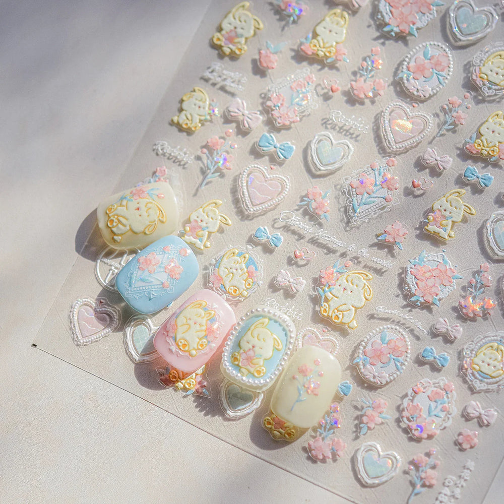 Peach Blossom Flower Yellow Rabbit Bunny Love Heart Delicate Totem 5D Self Adhesive Nail Art Stickers Rhinestone Manicure Decals (ONLINE ORDER ONLY)