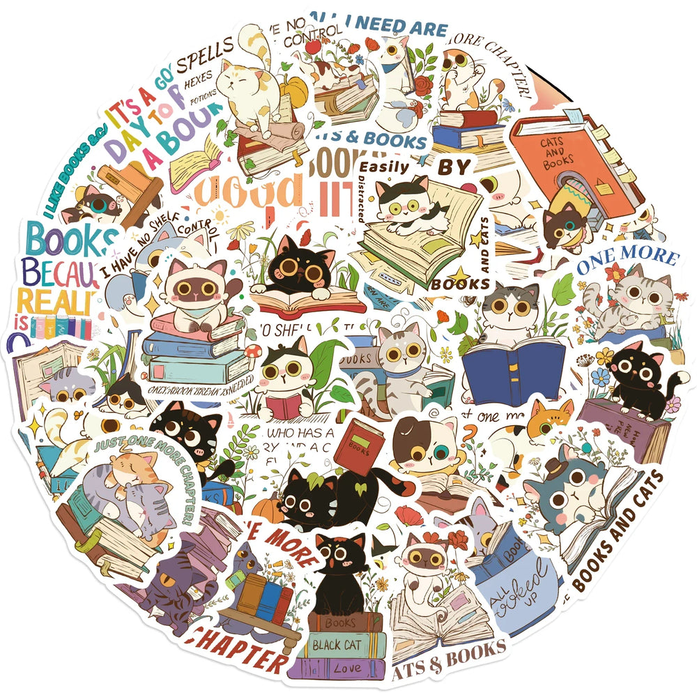 60Pcs Cat and Book with Motivational Phrase Sticker Pack DIY Scrapbook Decorative Stickers For Water Bottle Car Cup Computer (Online Order Only)