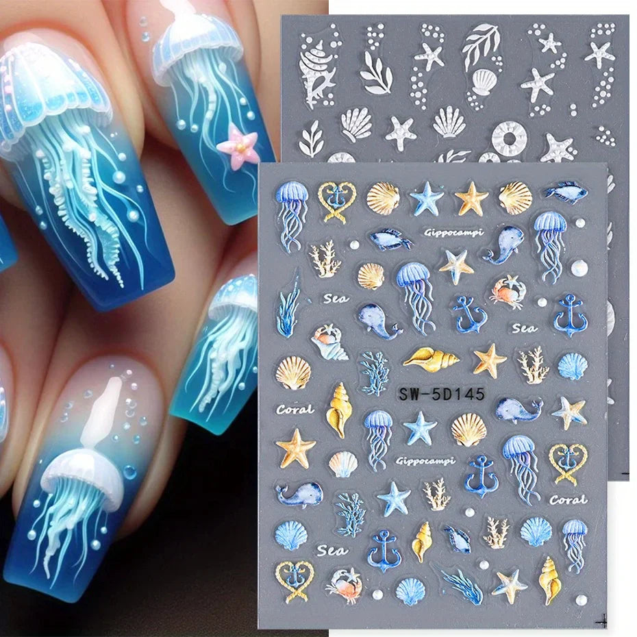 5D Jellyfish Beach Nail Stickers Shell Starfish Mermaid Decals Manicure Foils Decor (Online Order Only)