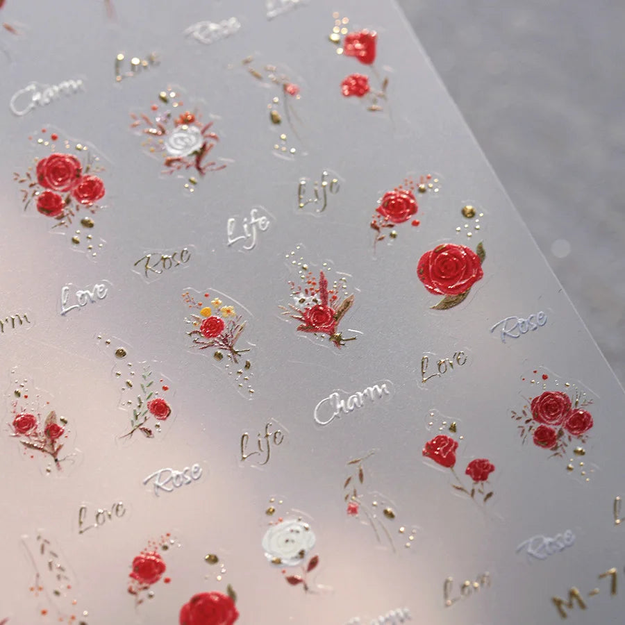 Chic Romantic Red White Flower Hot Stamping 5D Self Adhesive Nail Art Stickers Shiny Dreamy Camellia Rhinestone Manicure Decals (ONLINE ORDER ONLY)