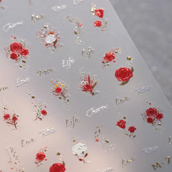 Chic Romantic Red White Flower Hot Stamping 5D Self Adhesive Nail Art Stickers Shiny Dreamy Camellia Rhinestone Manicure Decals (ONLINE ORDER ONLY)