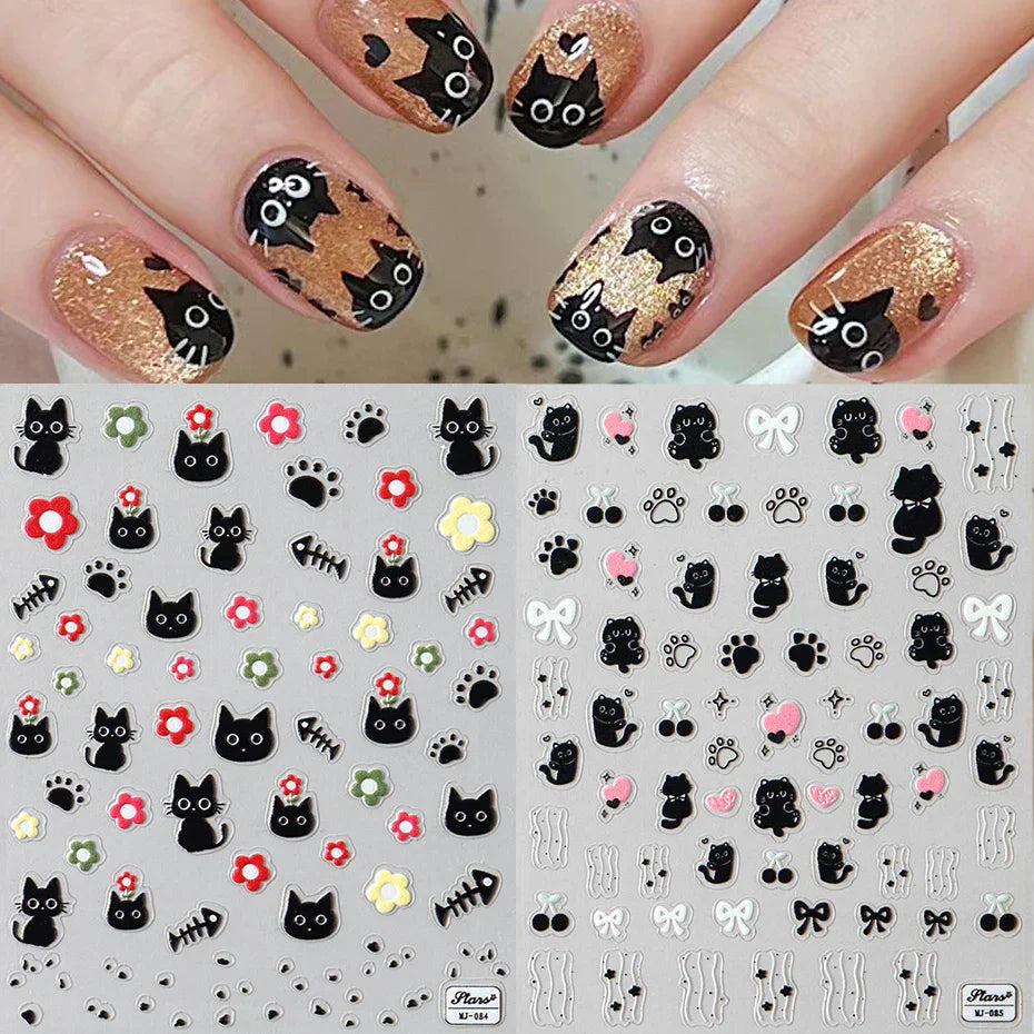 Black Cat Nail Stickers 5D Embossed Kawaii Flowers Star Nail Art Sliders Manicure (Online Order Only)
