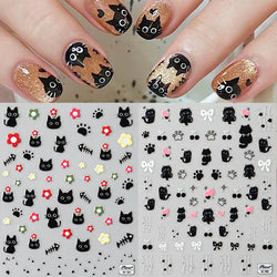 Black Cat Nail Stickers 5D Embossed Kawaii Flowers Star Nail Art Sliders Manicure (Online Order Only)
