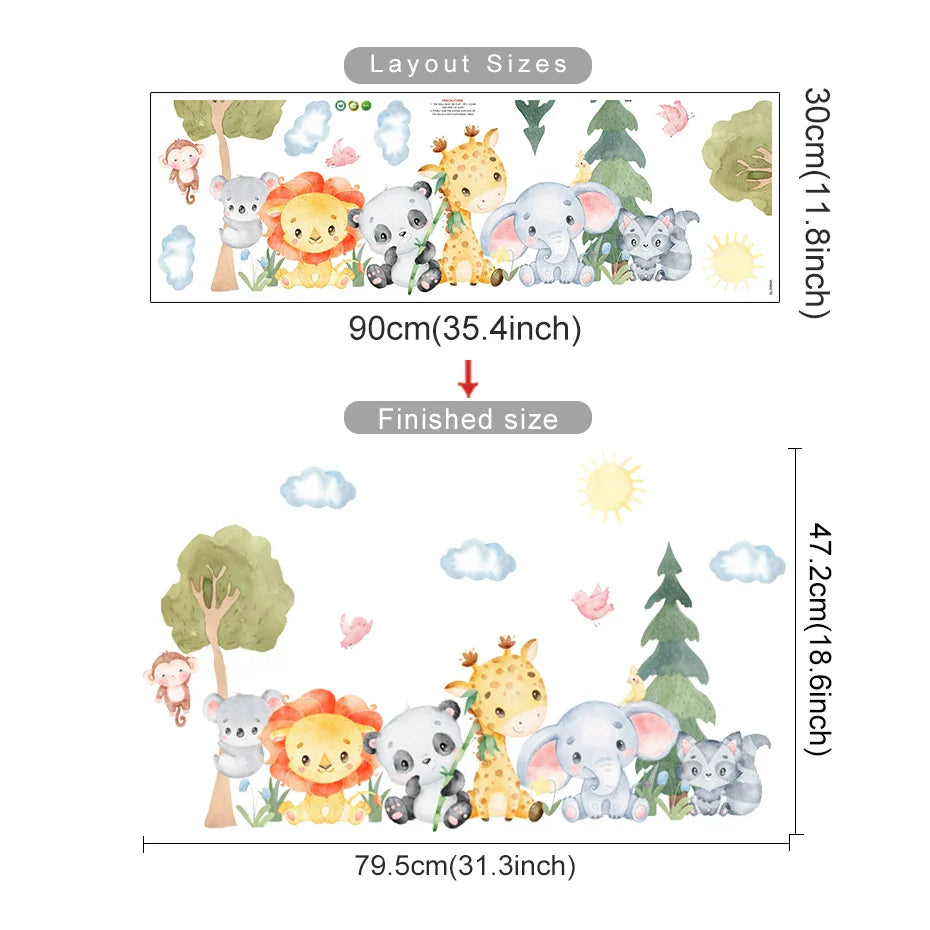 Watercolor Cartoon Lion Elephant Wall Stickers Vinyl Nursery Decals Kids Room Decor (ONLINE ORDER ONLY)