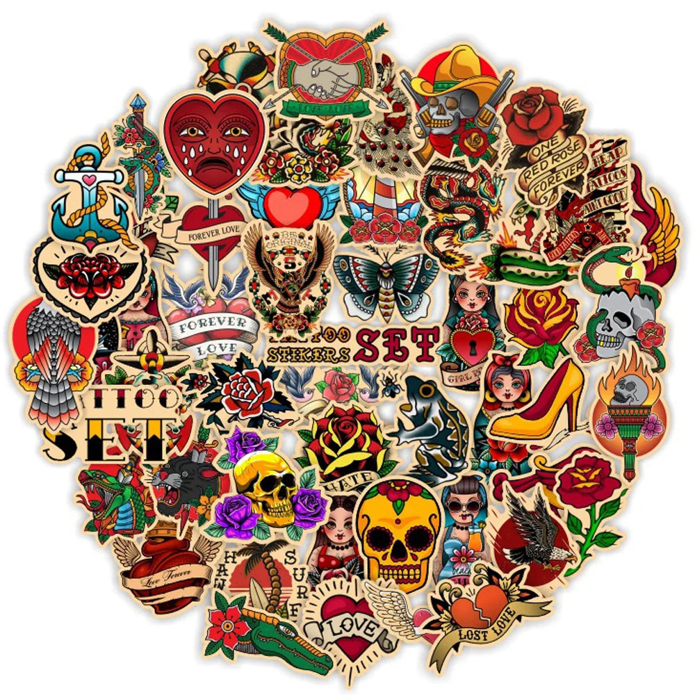 10/30/50/100pcs Retro Old School Tattoo Waterproof Stickers Skateboard Laptop Bike Motorcycle Cool Graffiti Sticker Decal Toy (ONLINE ORDER ONLY)