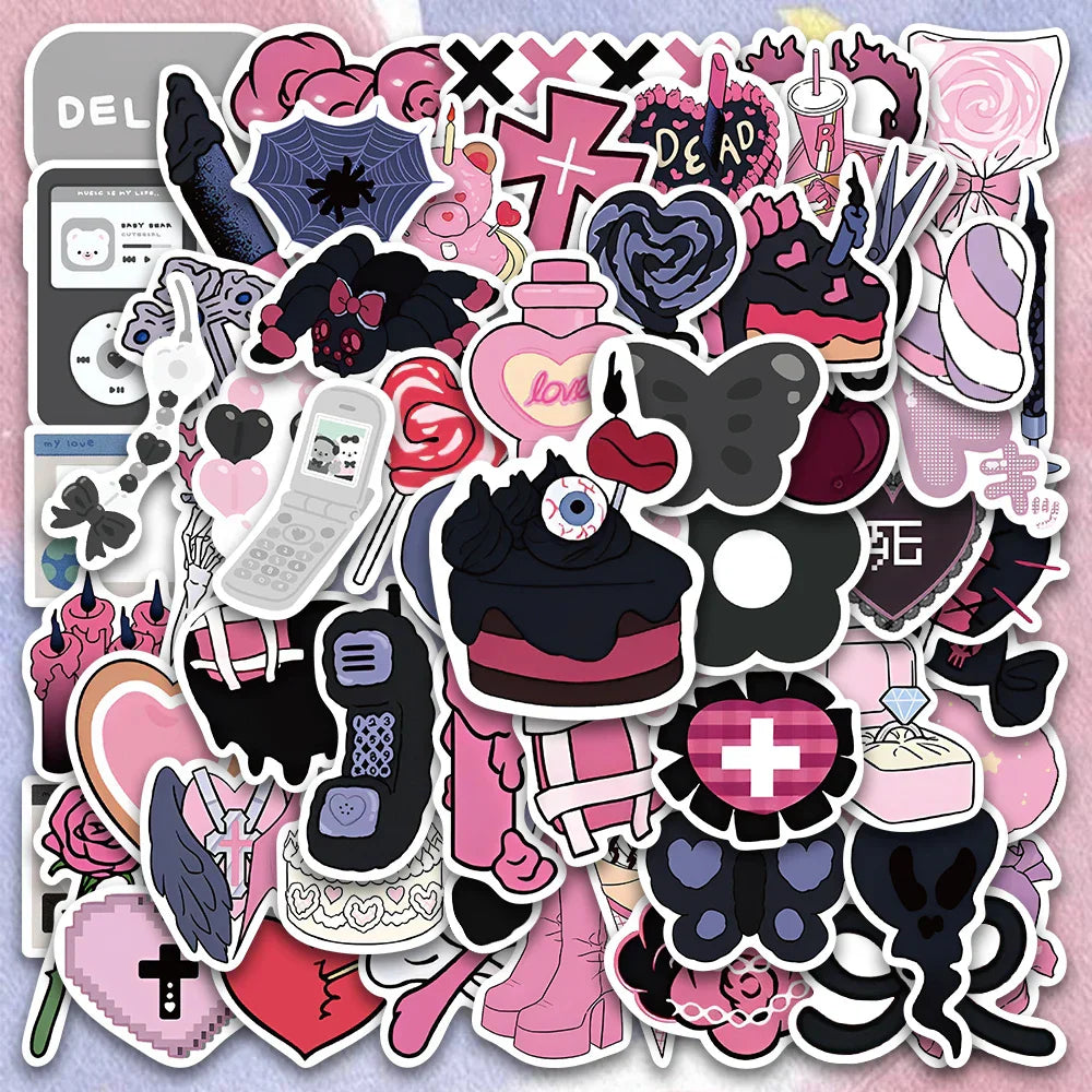 60PCS Y2K Pink Kawaii Gothic Anime Stickers for Phone Laptop Suitcase Car (Online Order Only)