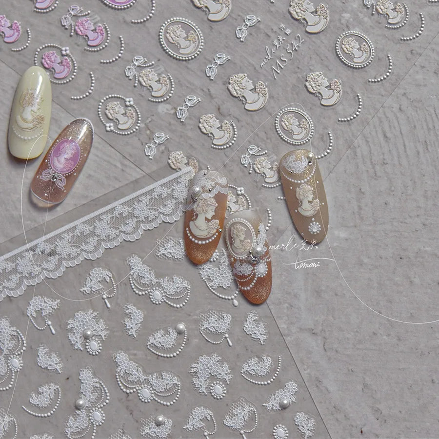 French Romantic Lace Flower Fabric Art Pearl Pendant Portrait Bowknot Textile Printing Delicate Nail Art Stickers Manicure Decal (ONLINE ORDER ONLY)