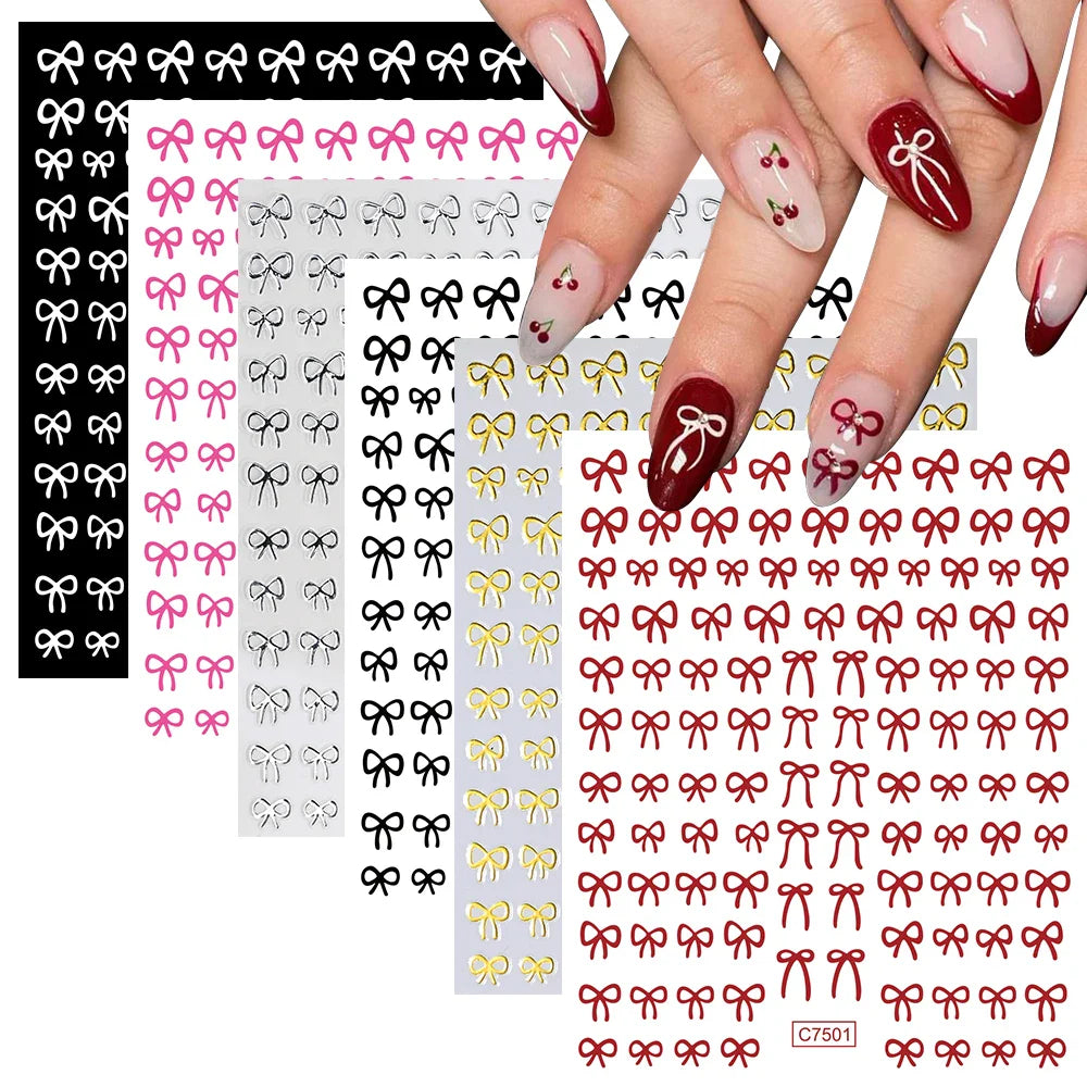 6pcs/Set Lovely Line Bowknot Nail Sticker Gold Silver Black White Pink Red Bow Tie Mini Bowknot 3D Self Adhesive Manicure Decals (ONLINE ORDER ONLY)