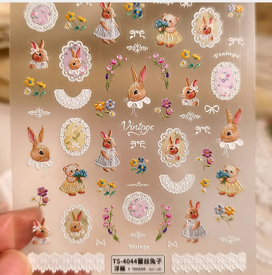 Rabbit Bunny Bear Flower Lace Bowknot Retro Frame Rose Self Adhesive Nail Art Decoration Stickers Chic Manicure Decals Wholesale (ONLINE ORDER ONLY)