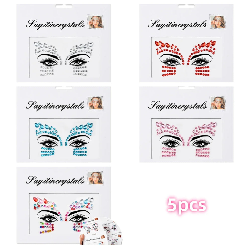 5Pcs Coloful Glitter Face Jewelry Sticker Crystal Eye Body Face Jewels Bady Makeup Tools Temporary Self-Adhesive Nail Rhinestone (ONLINE ORDER ONLY)