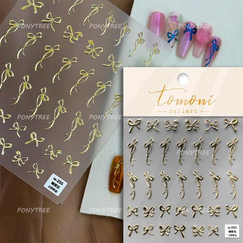 Purple Gold Silver Bowknot Cherry Fruit Cute Ribbon Tie Line Delicate 3D Adhesive Nail Art Stickers Manicure Decals Wholesale (Online Order Only)