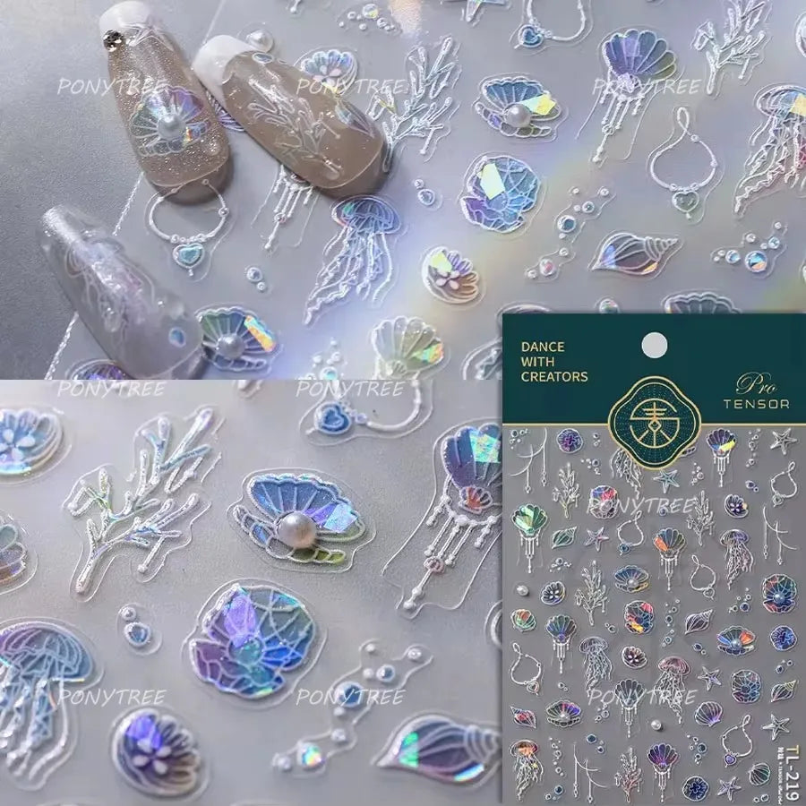 Romantic Mermaid Tail Water Bubbles Seahorse Shell Starfish Coral Pearl Pendant Self Adhesive Nail Art Stickers Manicure Decals (Online Order Only)