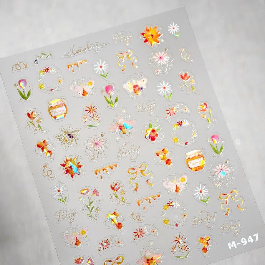 Vivid Honey Bee Ribbon Bowknot Pot Daisy Wreath Flower Shining Tulip Honeycomb Jar Self Adhesive Nail Art Sticker Manicure Decal (ONLINE ORDER ONLY)