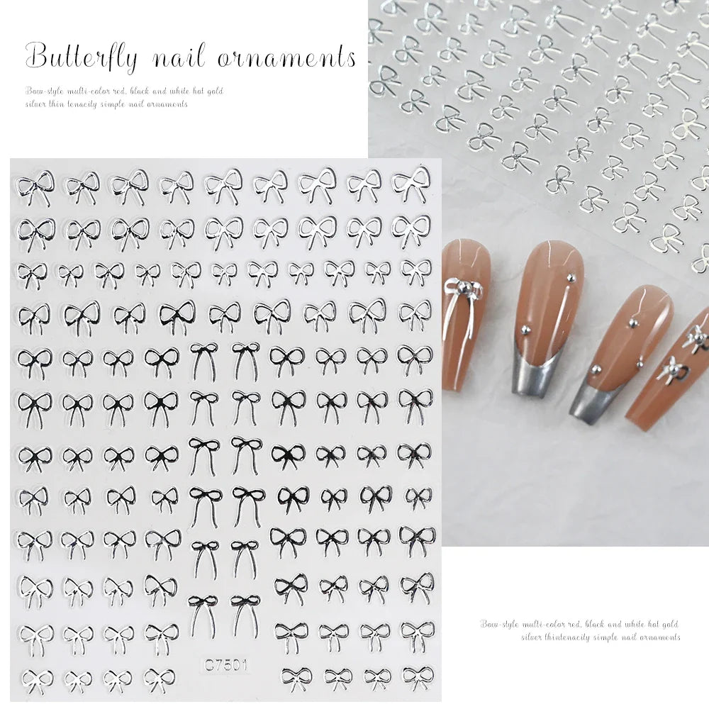 6pcs/Set Lovely Line Bowknot Nail Sticker Gold Silver Black White Pink Red Bow Tie Mini Bowknot 3D Self Adhesive Manicure Decals (ONLINE ORDER ONLY)