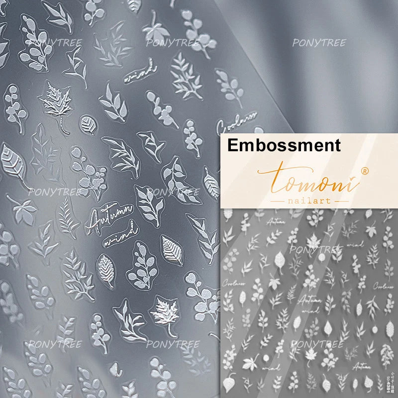 Pink Flower Hot Stamping Silver Leaves Branch Wicker Willow Plant Chic Adhesive Nail Art Decorations Stickers Manicure Decals (Online Order Only)