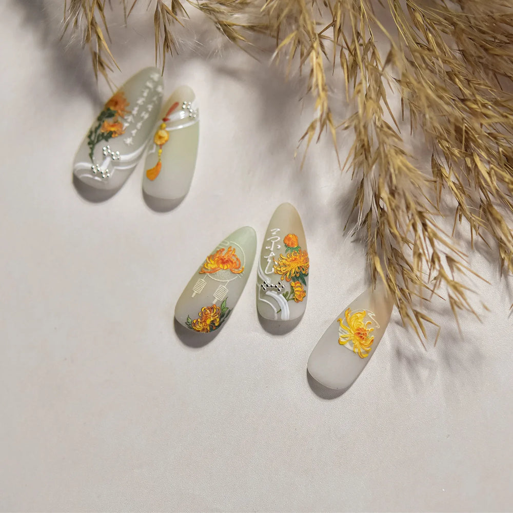 Antique Changle Flower Chrysanthemum Jade Pendant Feathers Green Leaf Adhesive Nail Art Stickers Flat Embossment Manicure Decals (Online Order Only)