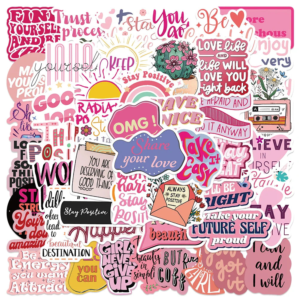 50pcs Funny Cartoon Pink Motivational Stickers Inspirational Phrases Sticker For Luggage Laptop Guitar Phone Waterproof Decals (Online Order Only)