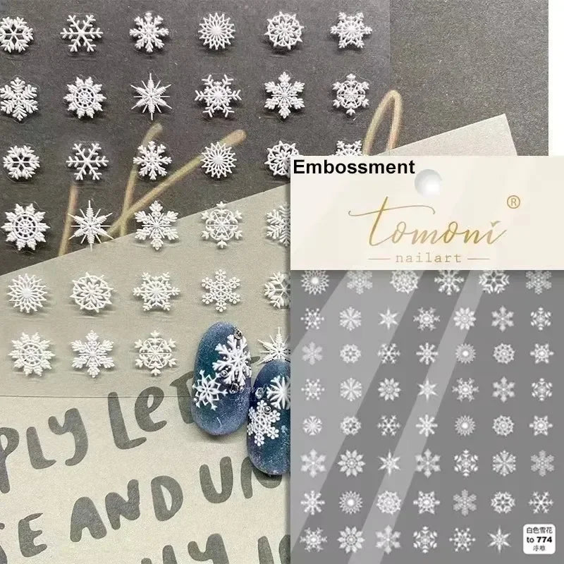 Shiny White Pink Blue Gold Snowflakes Hexagon Water Bubbles Winter 5D Self Adhesive Nail Art Stickers Rhinestone Manicure Decals (ONLINE ORDER ONLY)