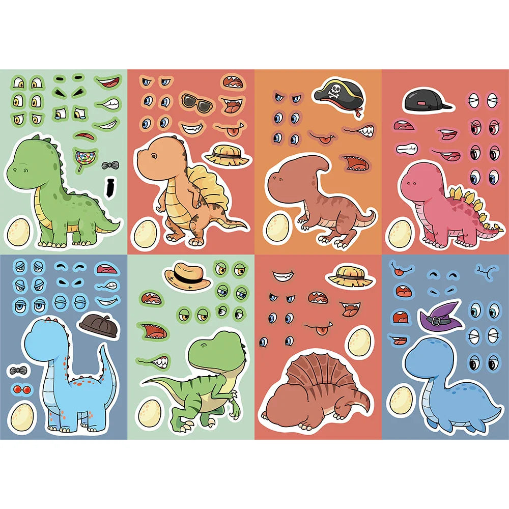 8/16Sheets Cute Dinosaur Puzzle Stickers Make-a-Face Games Toy Create Your Own DIY Funny Cartonn Assemble Jigsaw Children Gift (ONLINE ORDER ONLY)