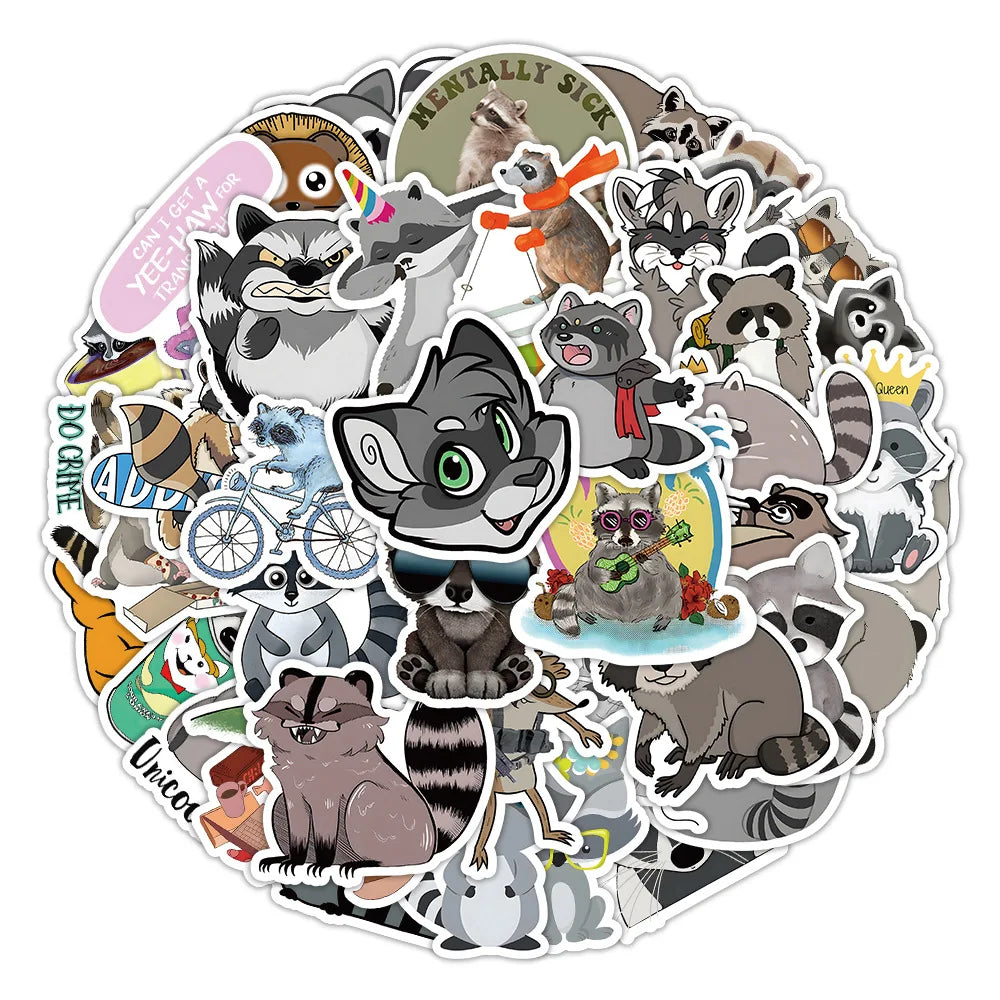 50/100Pcs Novelty Cute Kawaii Cartoon Animals Raccoon Stickers PVC Waterproof Stickers Decals For Kids Boys Girls Toys Gifts (ONLINE ORDER ONLY)