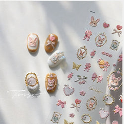 Cute Rabbit Fan Peach Blossom Teacup Lollipop Strawberry Star Cherry Hat Soft Embossed Adhesive Nail Art Stickers Manicure Decal (ONLINE ORDER ONLY)