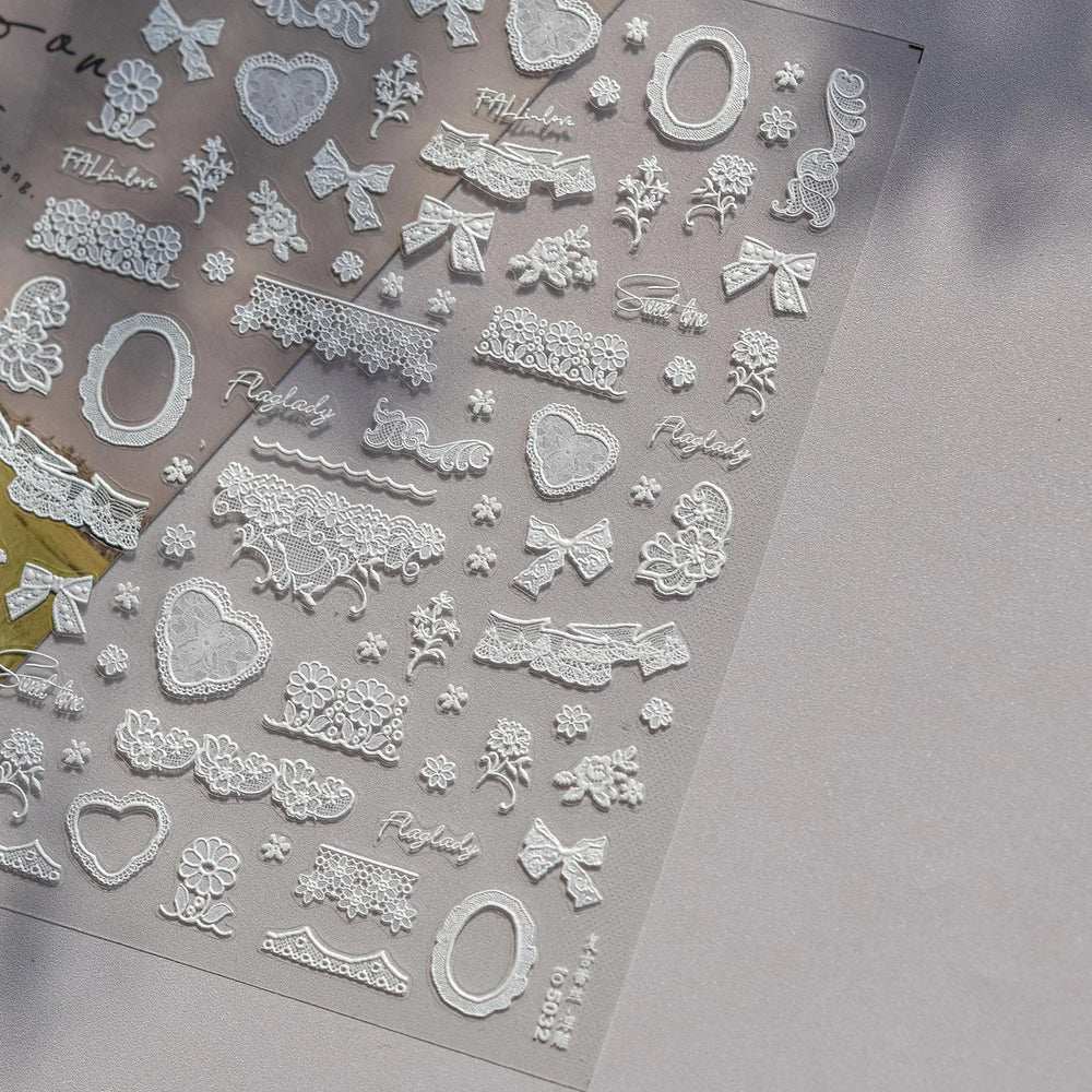 Retro Lace Gird Bowknot Love Heart Flower Leaves Fabric Art Photo Frame Embossed Self Adhesive Nail Art Stickers Manicure Decals (ONLINE ORDER ONLY)