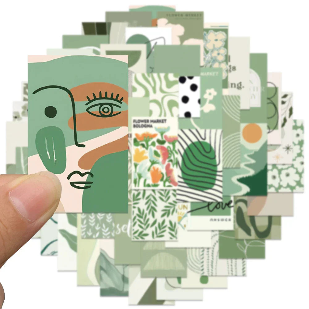 50pcs Ins Style Art Sage Green Aesthetic Stickers Water Bottle Stickers Laptop Luggage Notebook Waterproof Vinyl Car Decals (Online Order Only)