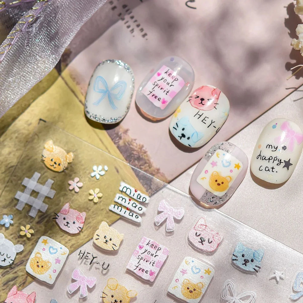 Cute Little Cat Colourful Flower Bowknot Umbrella Rain Boot Paintings Paper Boat Daisy Duckling Nail Art Sticker Manicure Decals (ONLINE ORDER ONLY)