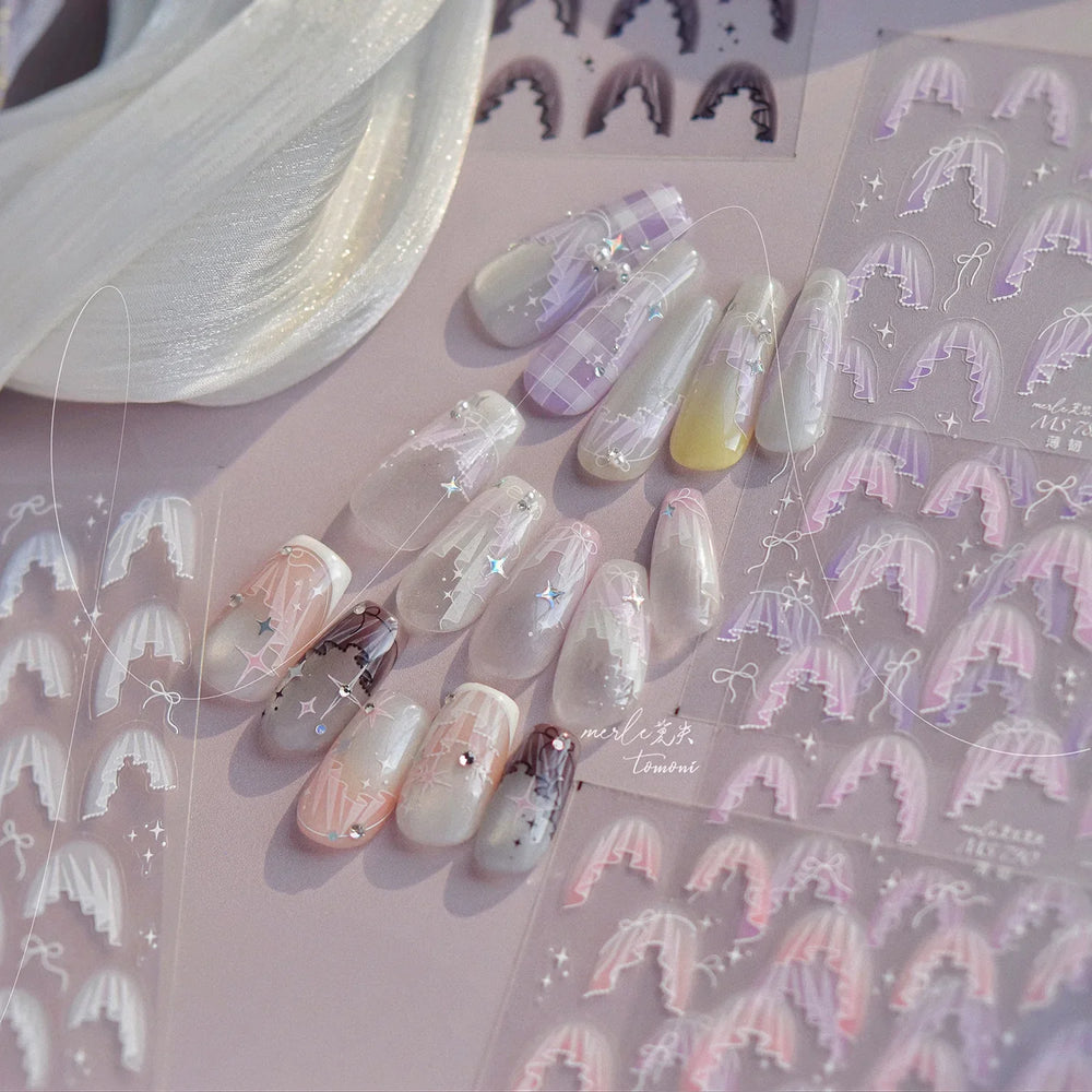 French Skirt Hem Halo Dyeing Purple Pink White Hemline Bowknot Wedding Veil Dreamy Star Adhesive Nail Art Sticker Manicure Decal (ONLINE ORDER ONLY)