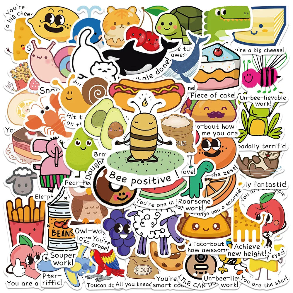 50pcs Funny Cartoon Food Animal Stickers For Kids Adults Student Reward Decals For Laptop Water Bottle Diary Vinyl Stickers (ONLINE ORDER ONLY)