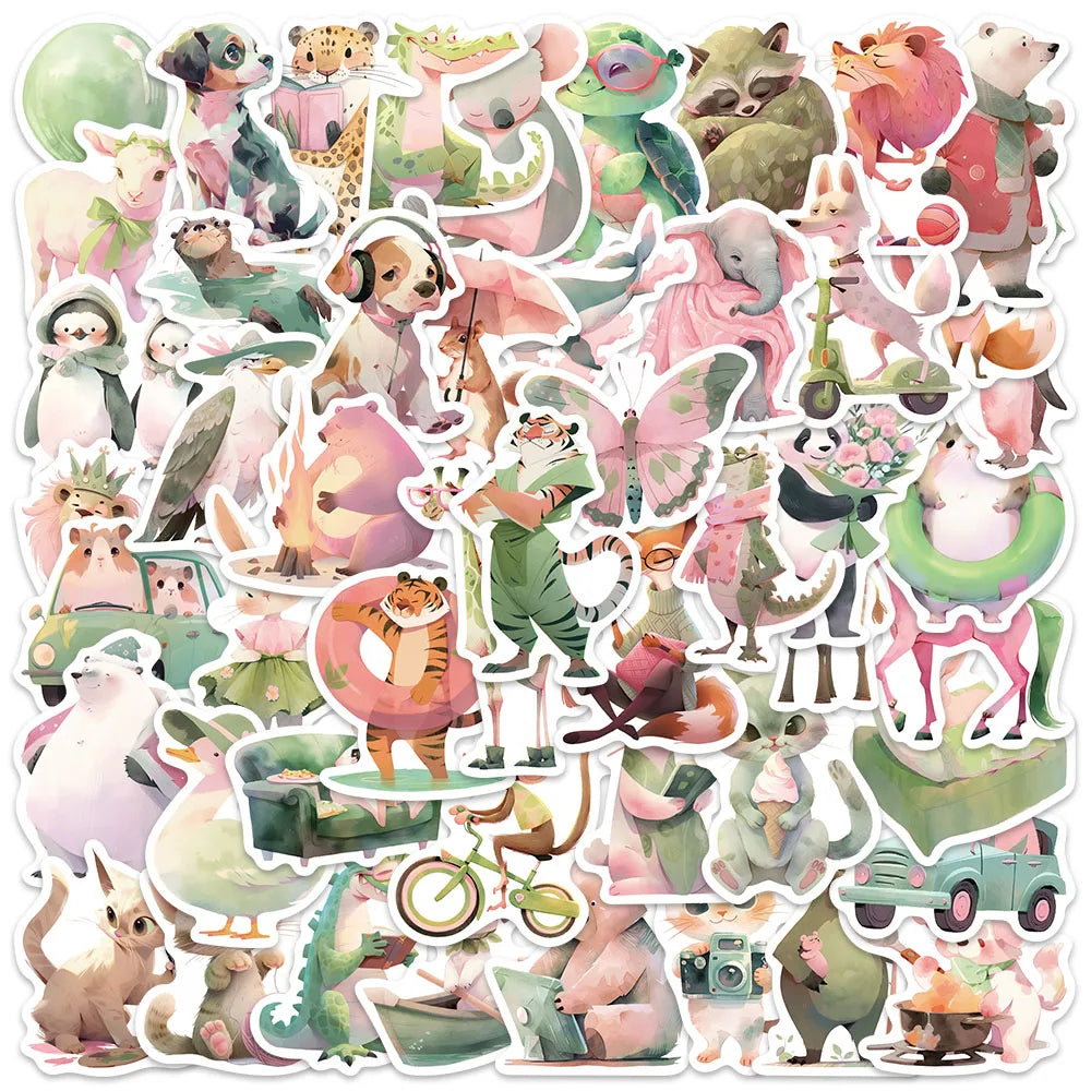 50pcs Aesthetic Cute Cartoon Pink Green Animals For Laptop Water Bottle Luggage Notebook Waterproof Graffiti Vinyl Decals (ONLINE ORDER ONLY)