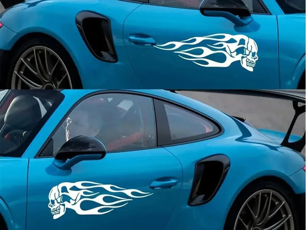 2Pcs Skull Flames Badge Car Stickers, Fashion Waterproof Vinyl Decal Car Styling Decoration Accessories Auto Sticker (ONLINE ORDER ONLY)