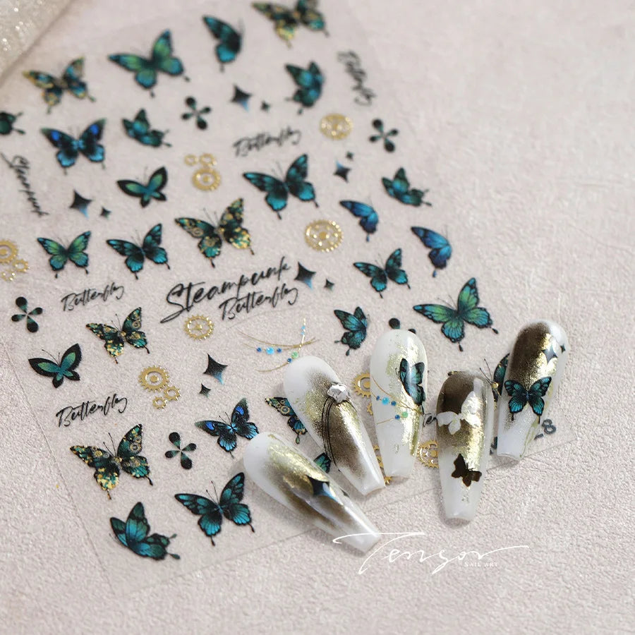 Steam Punk Butterfly Gear Green Star Gold Stamping Self Adhesive Nail Art Decoration Stickers Illusion Polarized Manicure Decals (ONLINE ORDER ONLY)