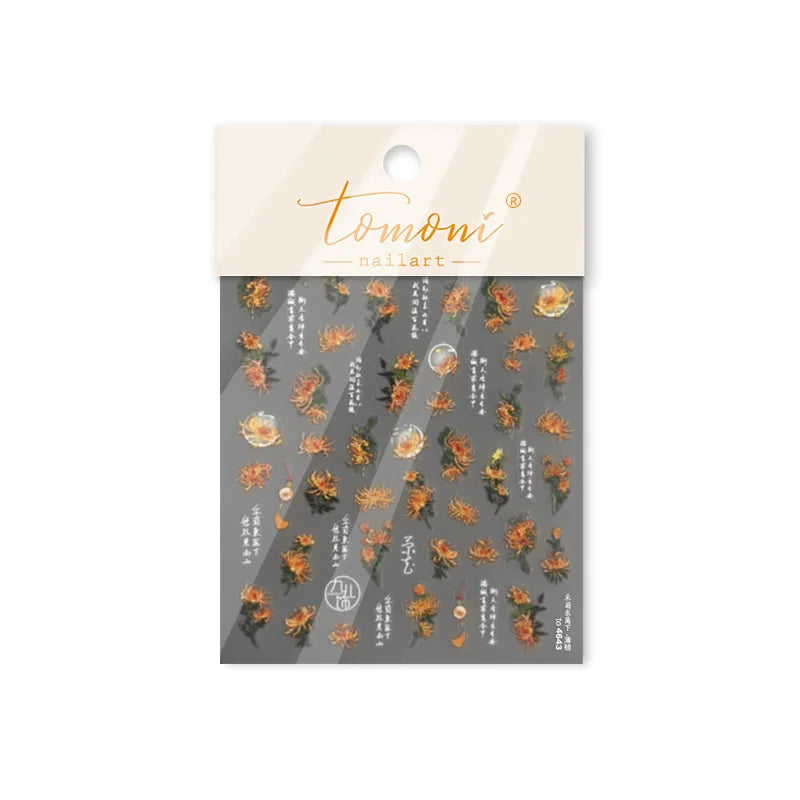 Antique Changle Flower Chrysanthemum Jade Pendant Feathers Green Leaf Adhesive Nail Art Stickers Flat Embossment Manicure Decals (Online Order Only)