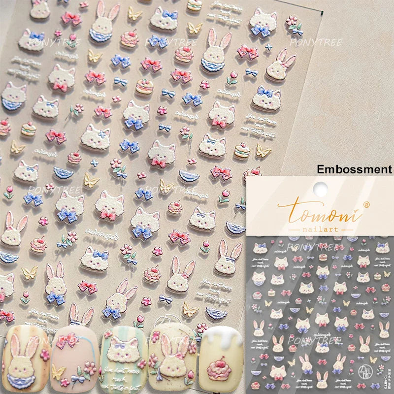 Cat Kitten Rabbit Flower Bouquet Bowknot Vase Bunny Grid Star Blocks Round Warm Sun Decoration Nail Art Stickers Manicure Decals (ONLINE ORDER ONLY)