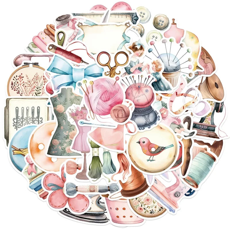 10/30/50PCS Kawaii Pink Sewing PVC Sticker Aesthetic Chidlren's Stationery Decoration Scrapbooking School Supplies for Kids (ONLINE ORDER ONLY)