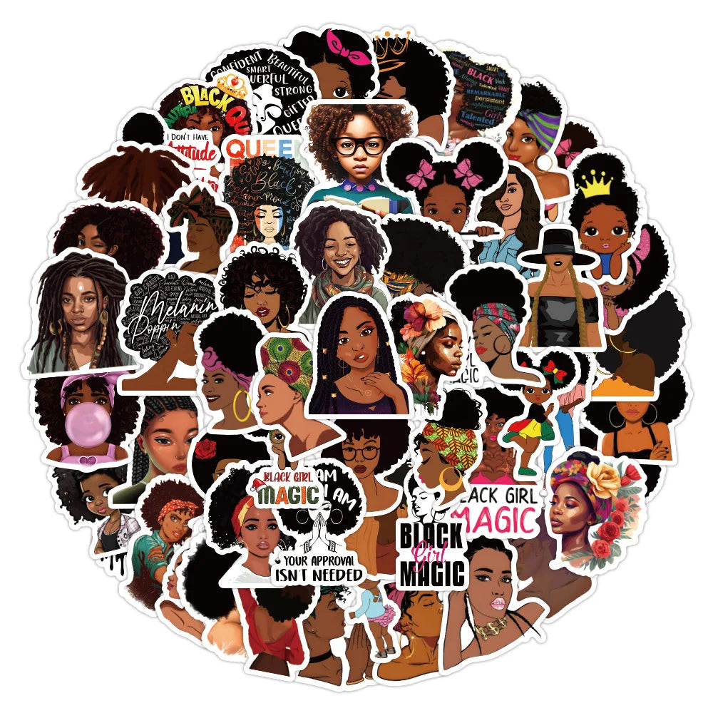 10/60Pcs Fashion Inspirational Black Girl Hot Melanin Poppin Sticker For DIY Luggage Laptop Skateboard Phone Decal Stickers (ONLINE ORDER ONLY)