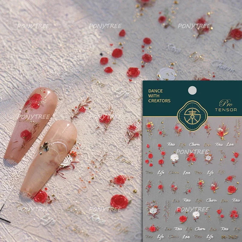 Chic Romantic Red White Flower Hot Stamping 5D Self Adhesive Nail Art Stickers Shiny Dreamy Camellia Rhinestone Manicure Decals (ONLINE ORDER ONLY)