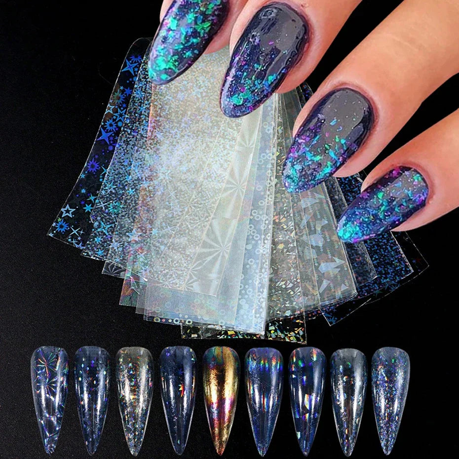 9PCS/Bag Nail Transfer Stickers Laser Patterns Holographic Design Gel Decal Foil Slider Art Decoration Manicure Accessories Tool (Online Order Only)