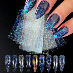 9PCS/Bag Nail Transfer Stickers Laser Patterns Holographic Design Gel Decal Foil Slider Art Decoration Manicure Accessories Tool (Online Order Only)