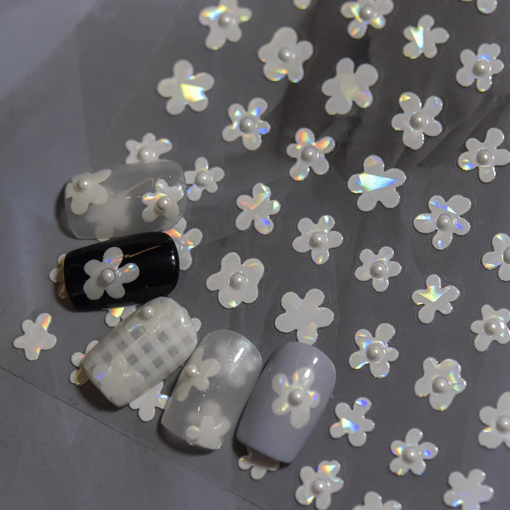 Hot Stamping Laser Silver Pink White Flower Rhinestone Pearl Irregular Petal Adhesive Nail Art Decoration Sticker Manicure Decal (ONLINE ORDER ONLY)
